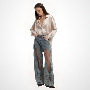 Designer Sheer Blue Wide Leg Jeans L